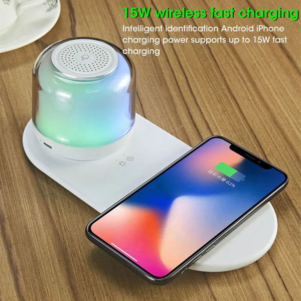 2 In 1 Wireless Charger With LED Bluetooth Speaker For iPhone Samsung 15W QI Wireless Phone Desktop Fast Charging Dock Station
