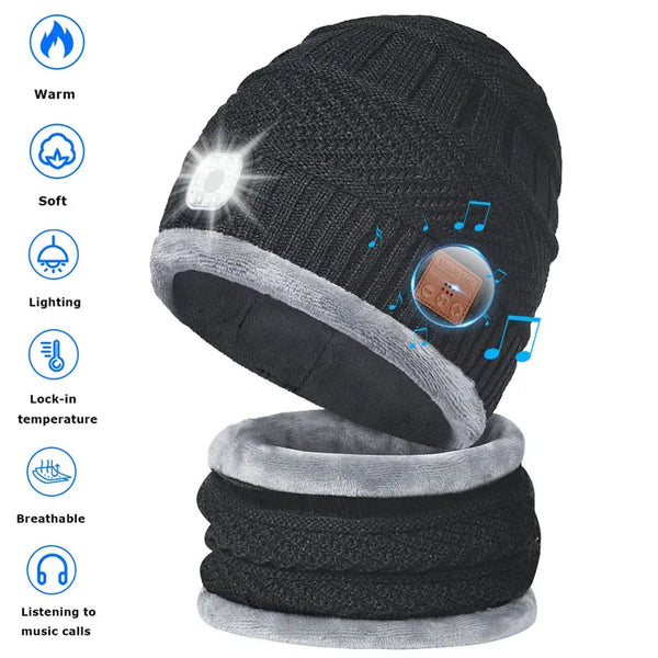 Hat with Bluetooth headphones and scarf for winter